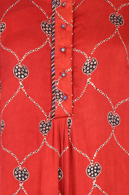 Folksong Women’s Red Geometric Printed Modal Satin Straight Top