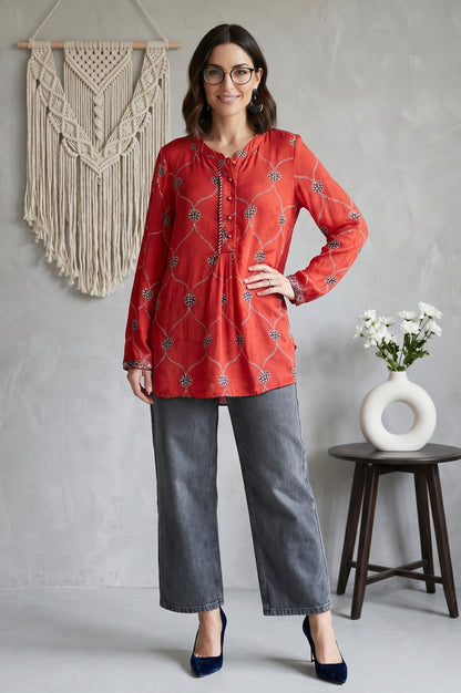 Folksong Women’s Red Geometric Printed Modal Satin Straight Top
