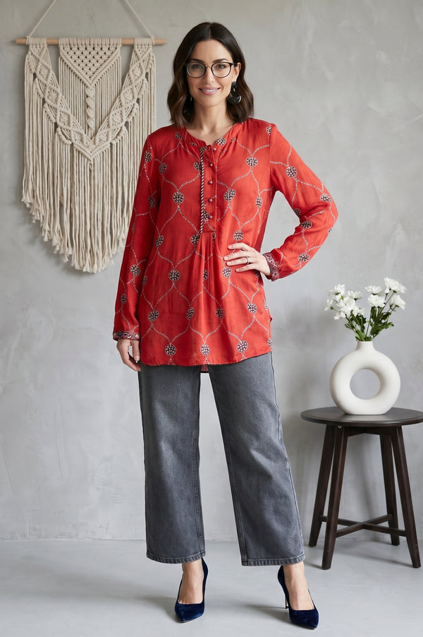 Folksong Women’s Red Geometric Printed Modal Satin Straight Top