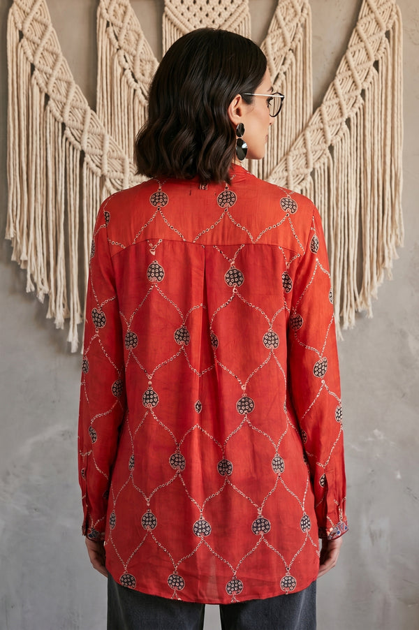 Folksong Women’s Red Geometric Printed Modal Satin Straight Top