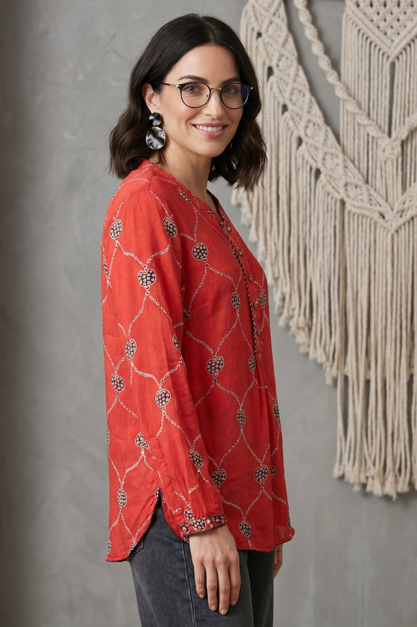 Folksong Women’s Red Geometric Printed Modal Satin Straight Top