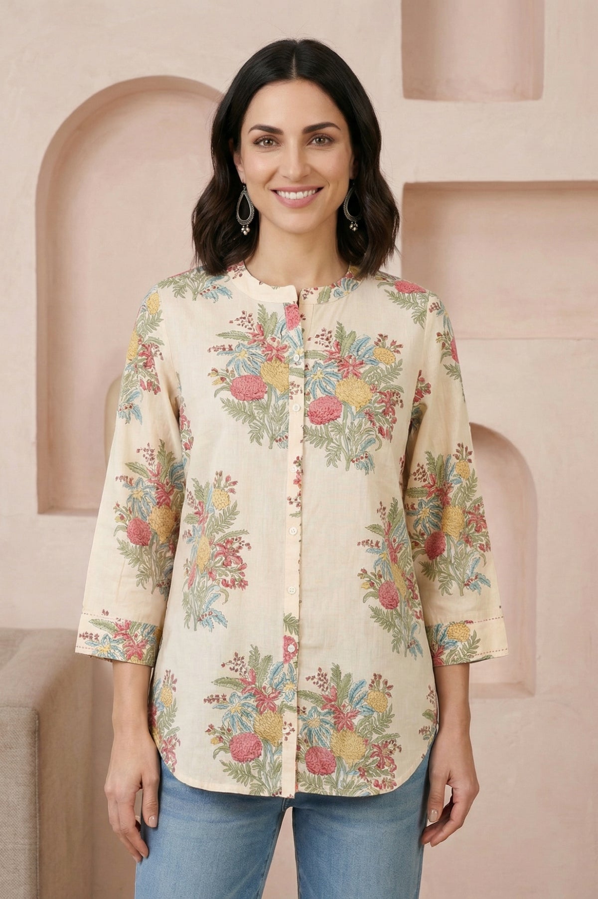 Beige Block Floral Printed Pure Cotton Straight Top - XS