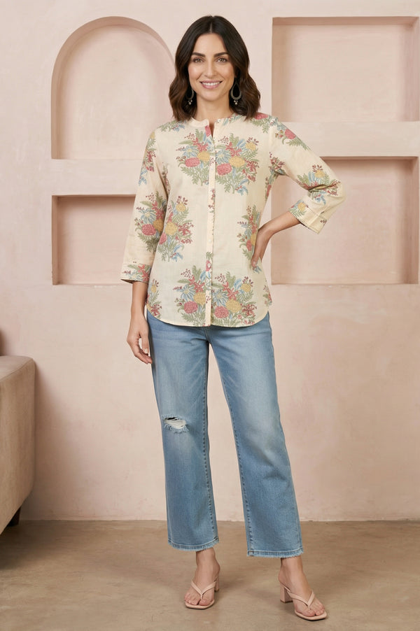 Beige Block Floral Printed Pure Cotton Straight Top