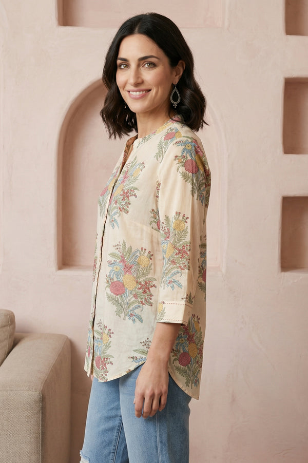 Beige Block Floral Printed Pure Cotton Straight Top
