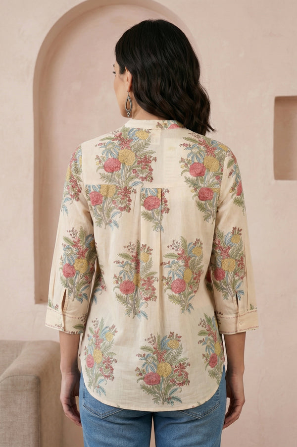 Beige Block Floral Printed Pure Cotton Straight Top