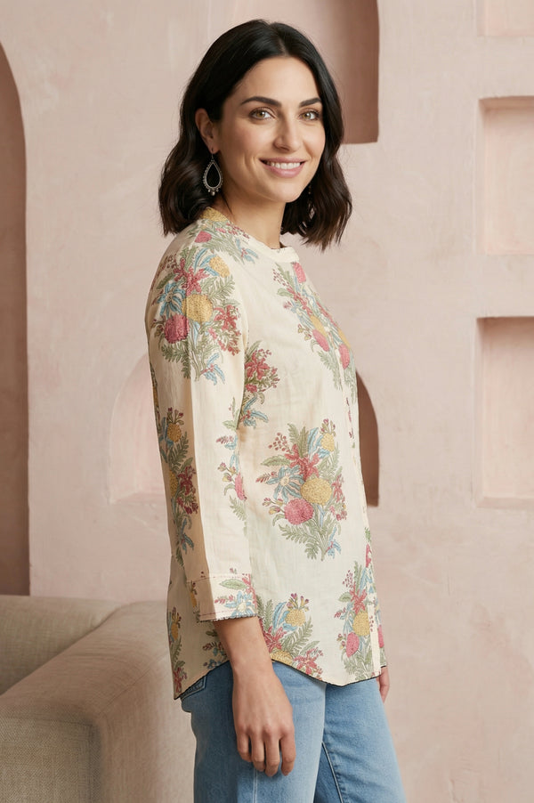Beige Block Floral Printed Pure Cotton Straight Top