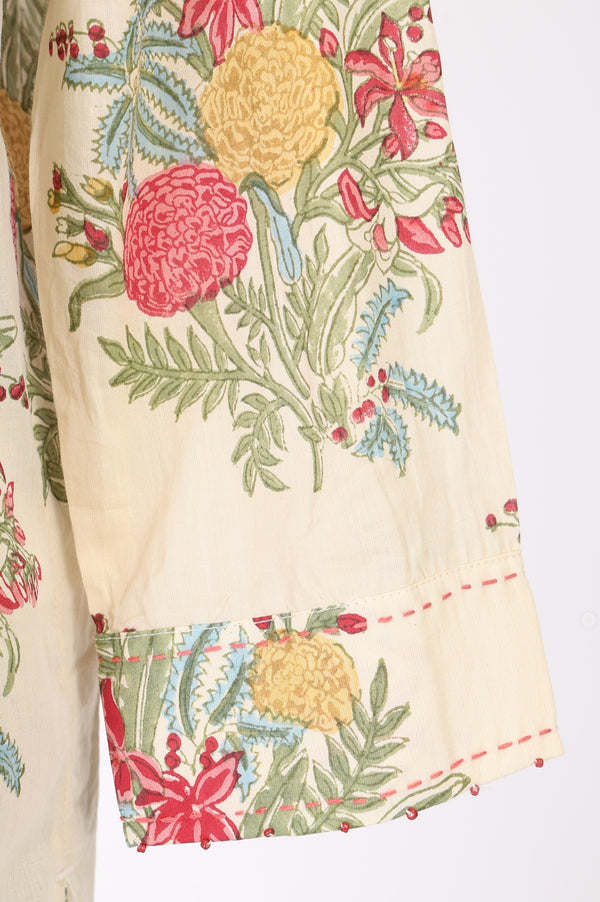 Beige Block Floral Printed Pure Cotton Straight Top