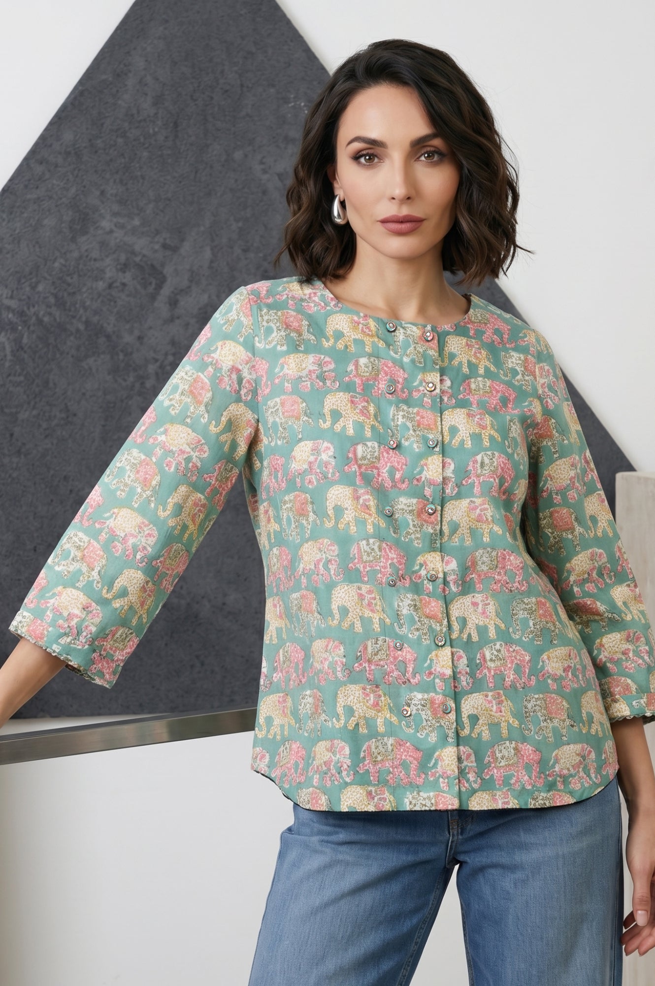 Teal Block Printed Pure Cotton Top