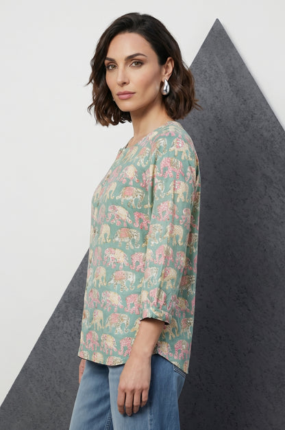 Teal Block Printed Pure Cotton Top
