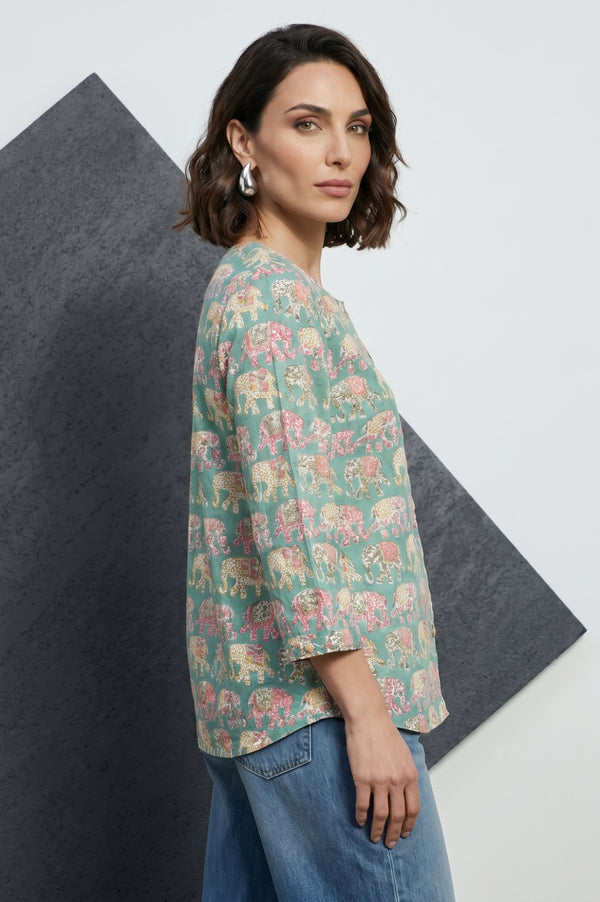 Teal Block Printed Pure Cotton Top