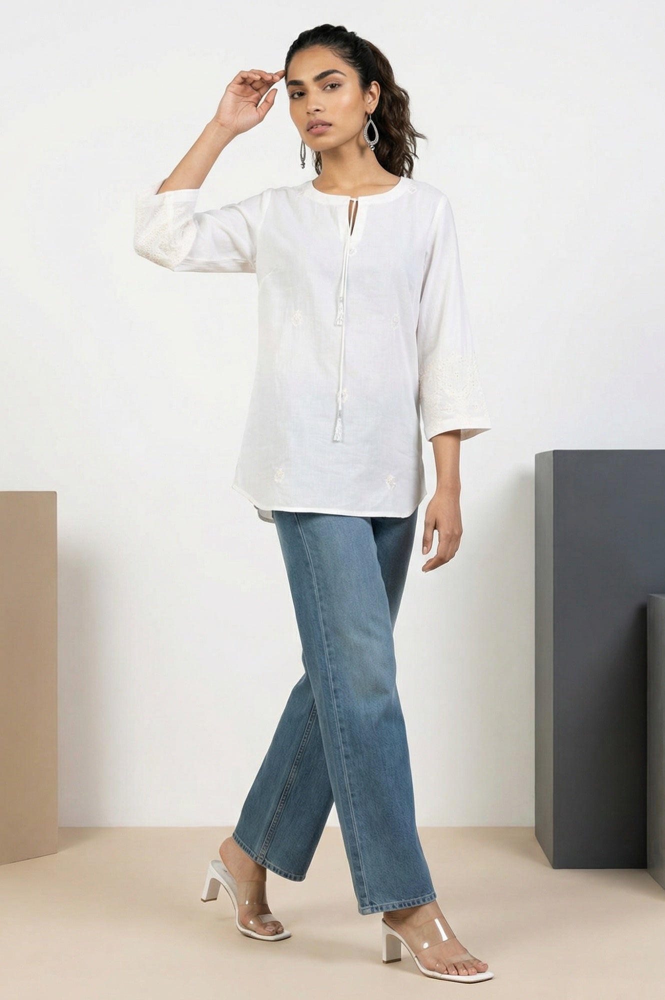 White Embroidered Pure Cotton Straight Top