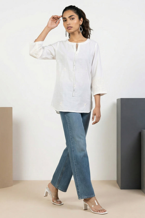 White Embroidered Pure Cotton Straight Top