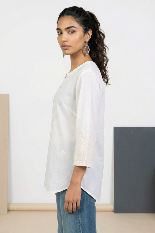 White Embroidered Pure Cotton Straight Top