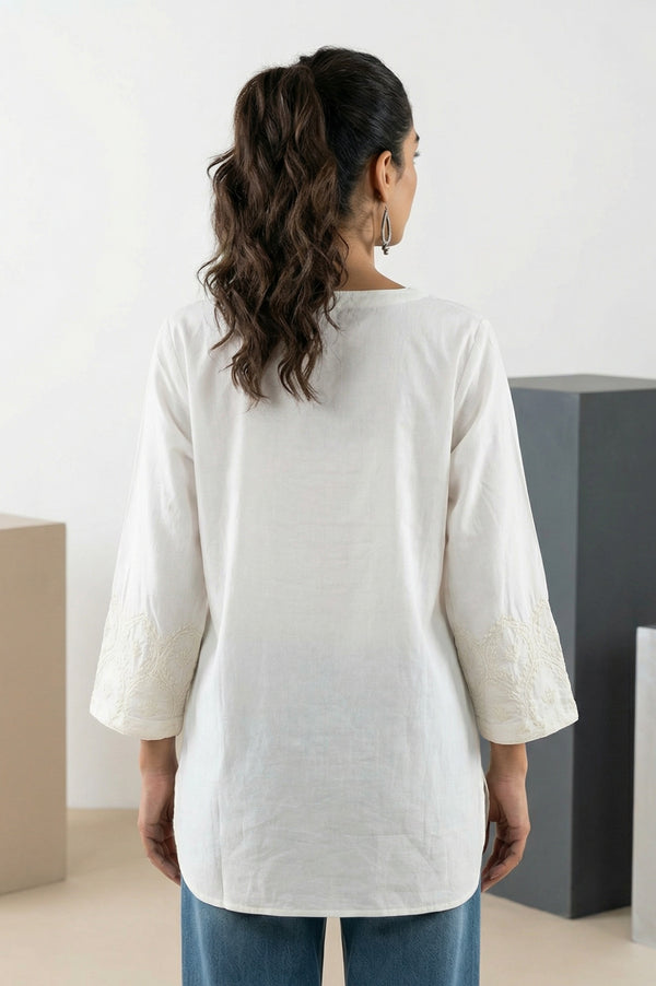 White Embroidered Pure Cotton Straight Top