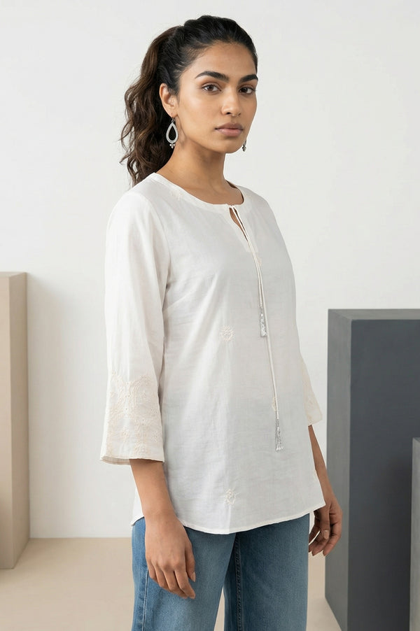 White Embroidered Pure Cotton Straight Top