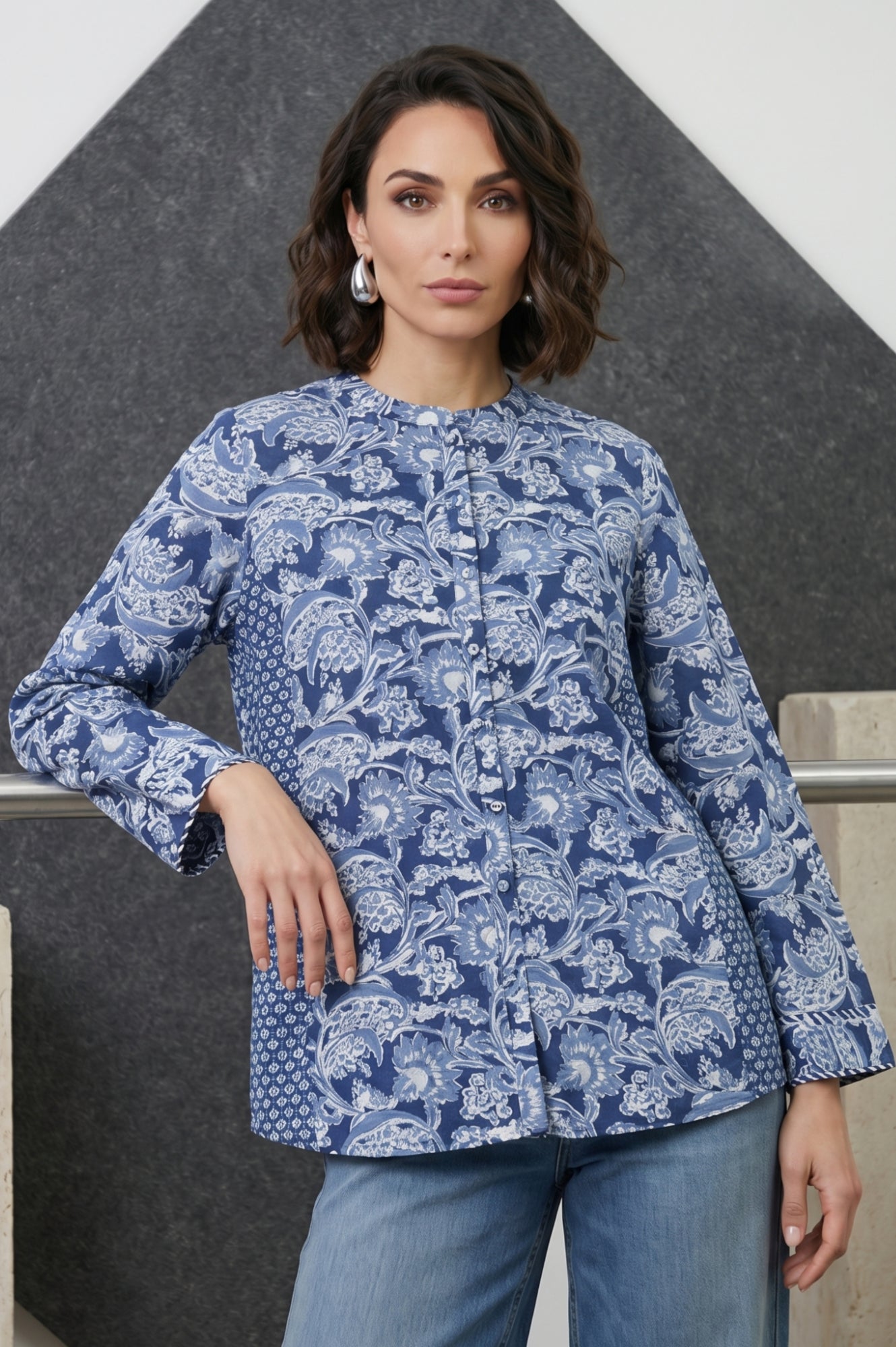 Blue Block Printed Straight Top