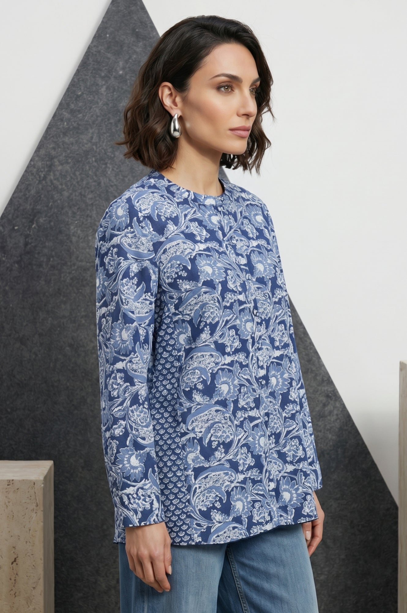 Blue Block Printed Straight Top