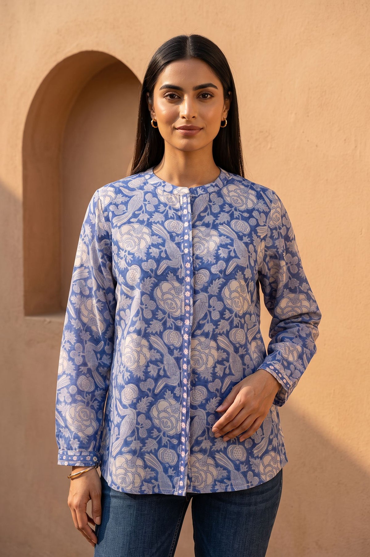 Blue Floral Printed Cotton Silk Straight Top