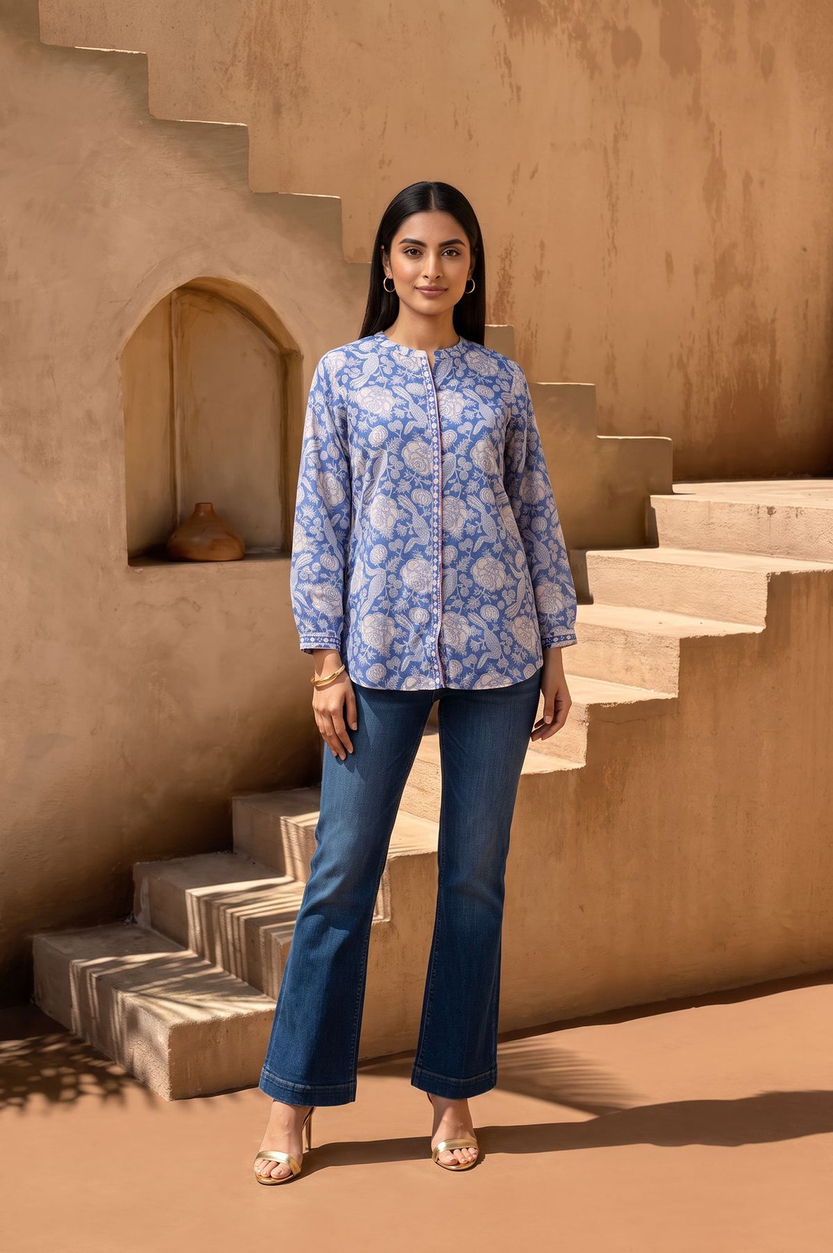Blue Floral Printed Cotton Silk Straight Top