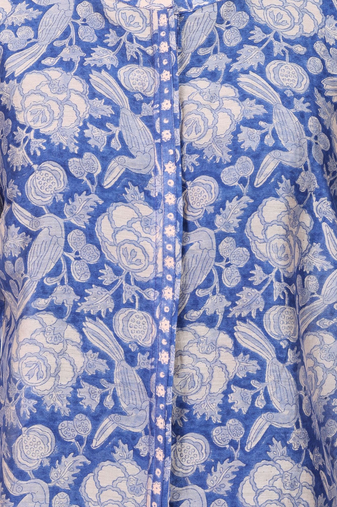 Blue Floral Printed Cotton Silk Straight Top