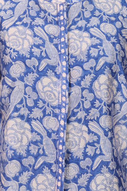 Blue Floral Printed Cotton Silk Straight Top