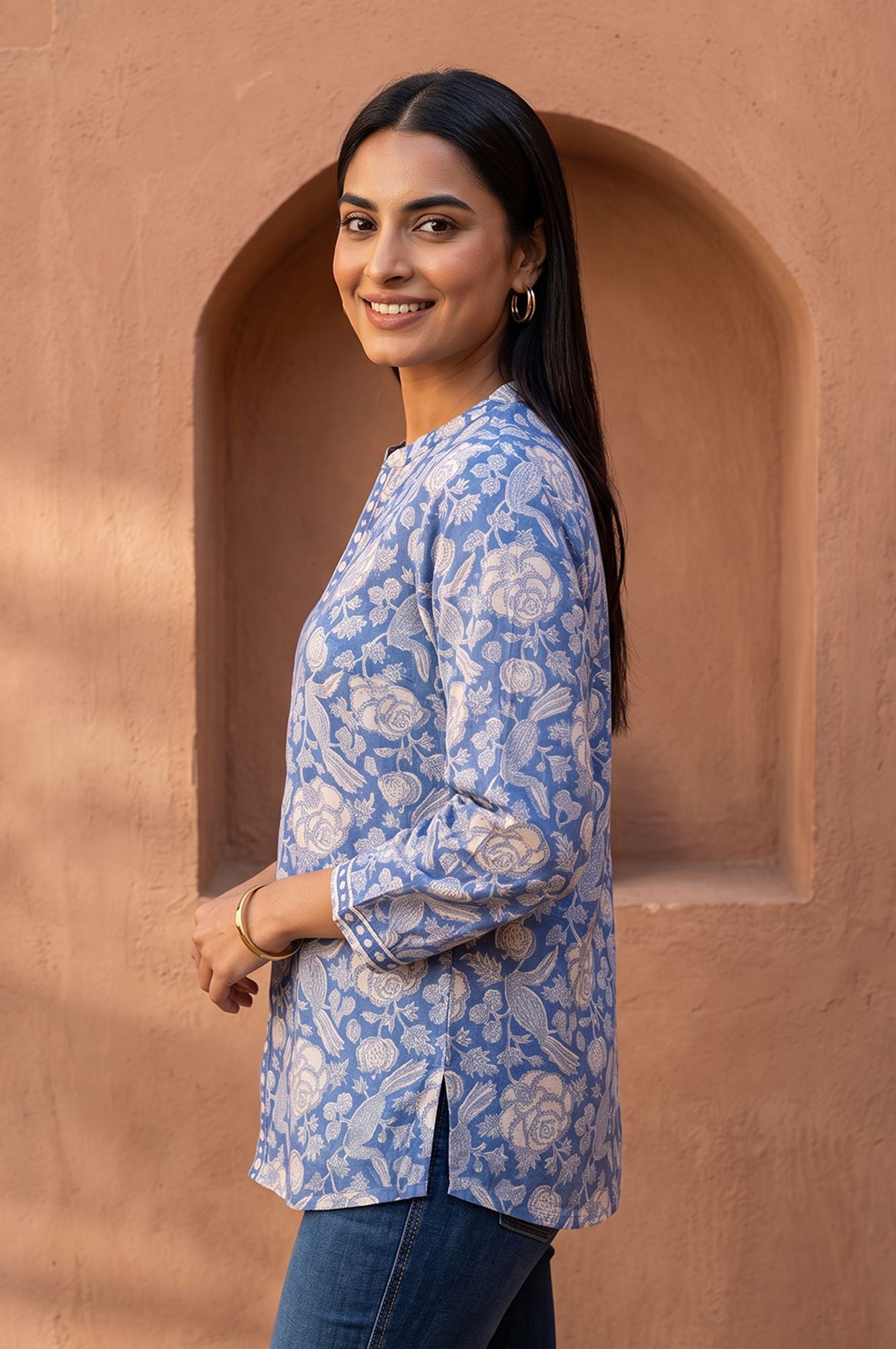 Blue Floral Printed Cotton Silk Straight Top