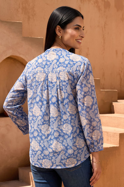 Blue Floral Printed Cotton Silk Straight Top