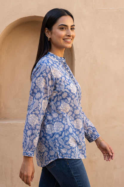 Blue Floral Printed Cotton Silk Straight Top