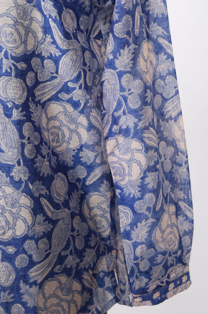 Blue Floral Printed Cotton Silk Straight Top