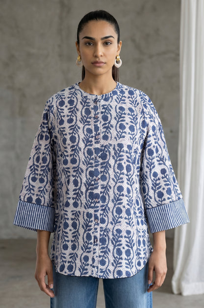 Folksong Women’s Off White Block Printed Pure Cotton Straight Top