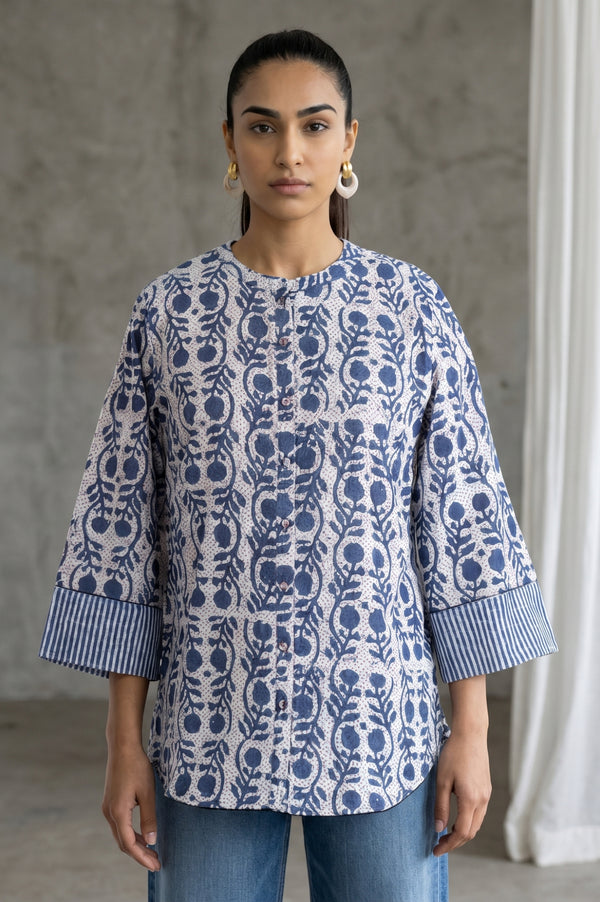 Folksong Women’s Off White Block Printed Pure Cotton Straight Top