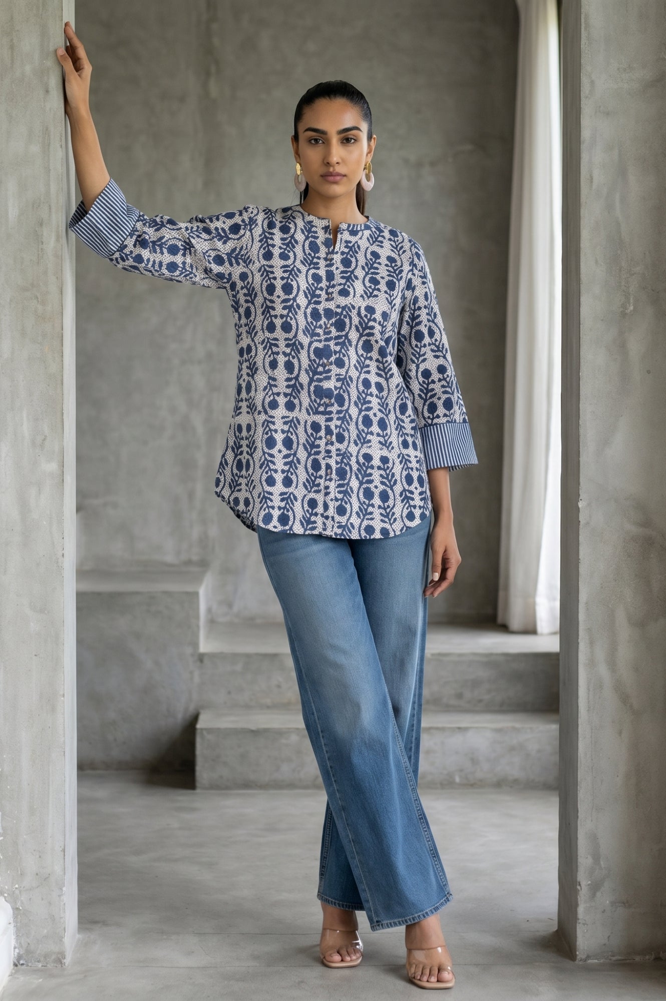 Folksong Women’s Off White Block Printed Pure Cotton Straight Top