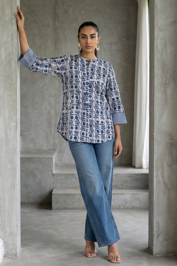 Folksong Women’s Off White Block Printed Pure Cotton Straight Top