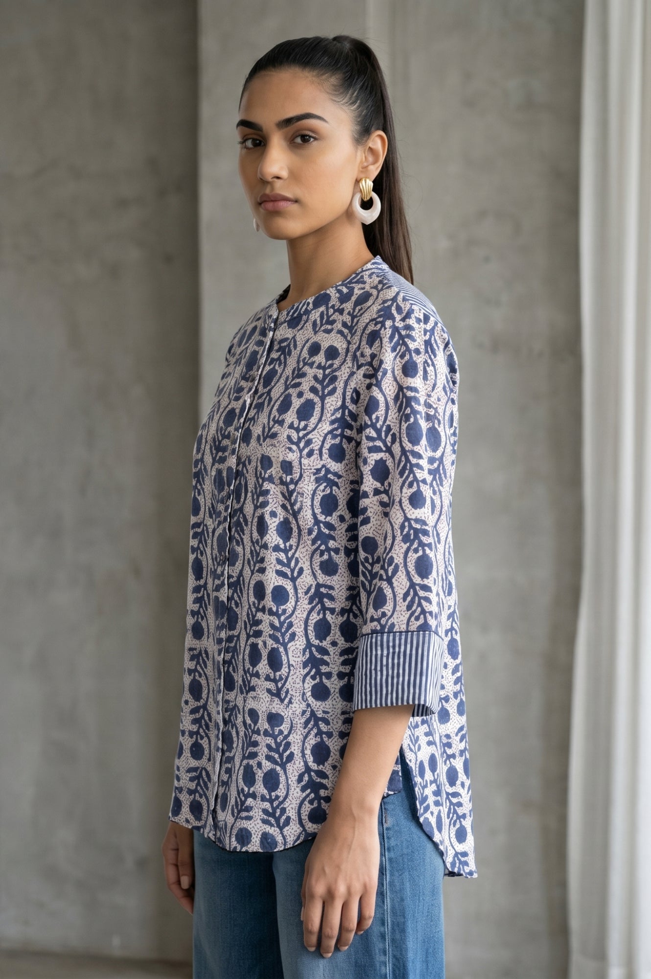 Folksong Women’s Off White Block Printed Pure Cotton Straight Top