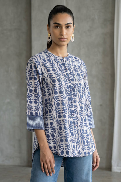 Folksong Women’s Off White Block Printed Pure Cotton Straight Top