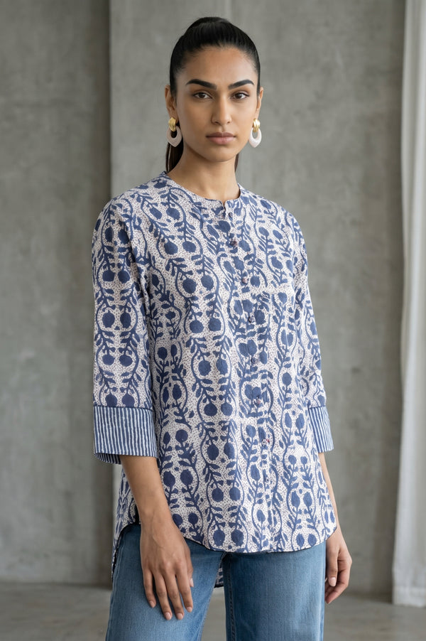 Folksong Women’s Off White Block Printed Pure Cotton Straight Top