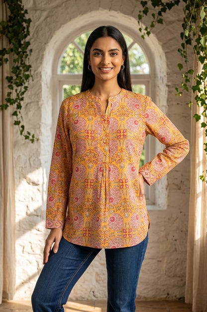 Yellow Block Printed Pure Cotton A-line Top