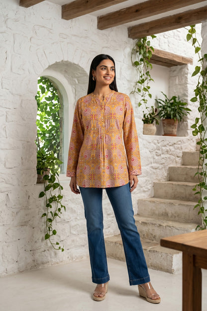 Yellow Block Printed Pure Cotton A-line Top