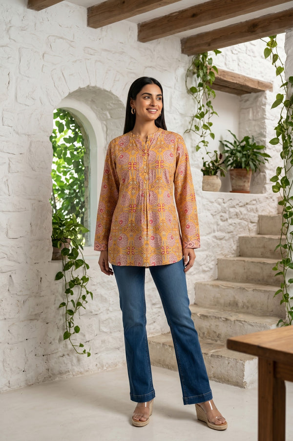 Yellow Block Printed Pure Cotton A-line Top