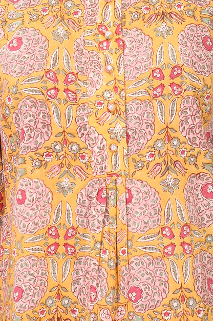 Yellow Block Printed Pure Cotton A-line Top