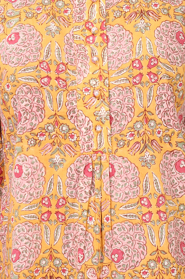 Yellow Block Printed Pure Cotton A-line Top
