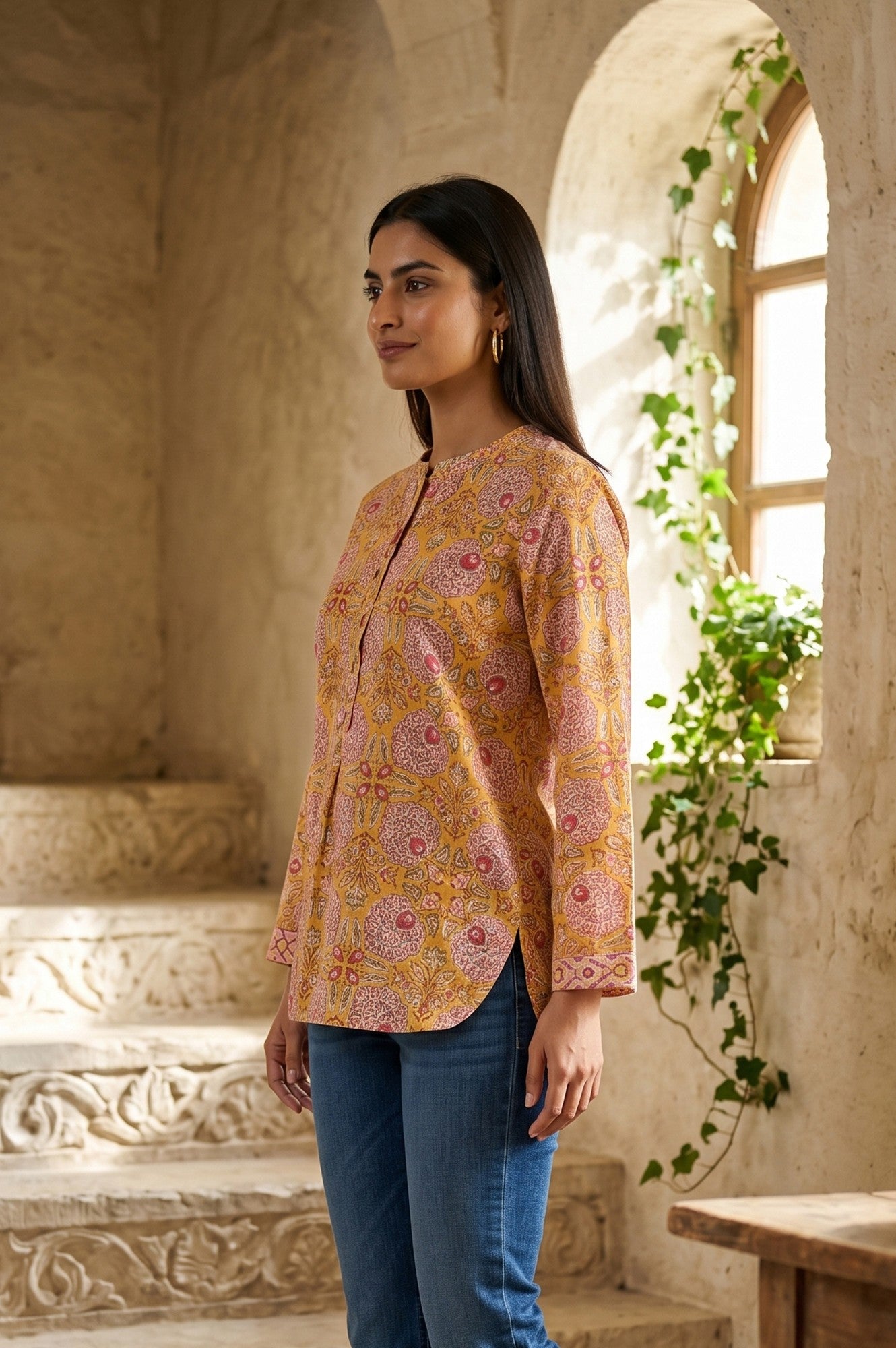 Yellow Block Printed Pure Cotton A-line Top