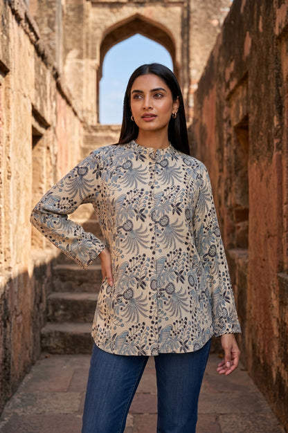Beige Block Printed Rayon Flared Top
