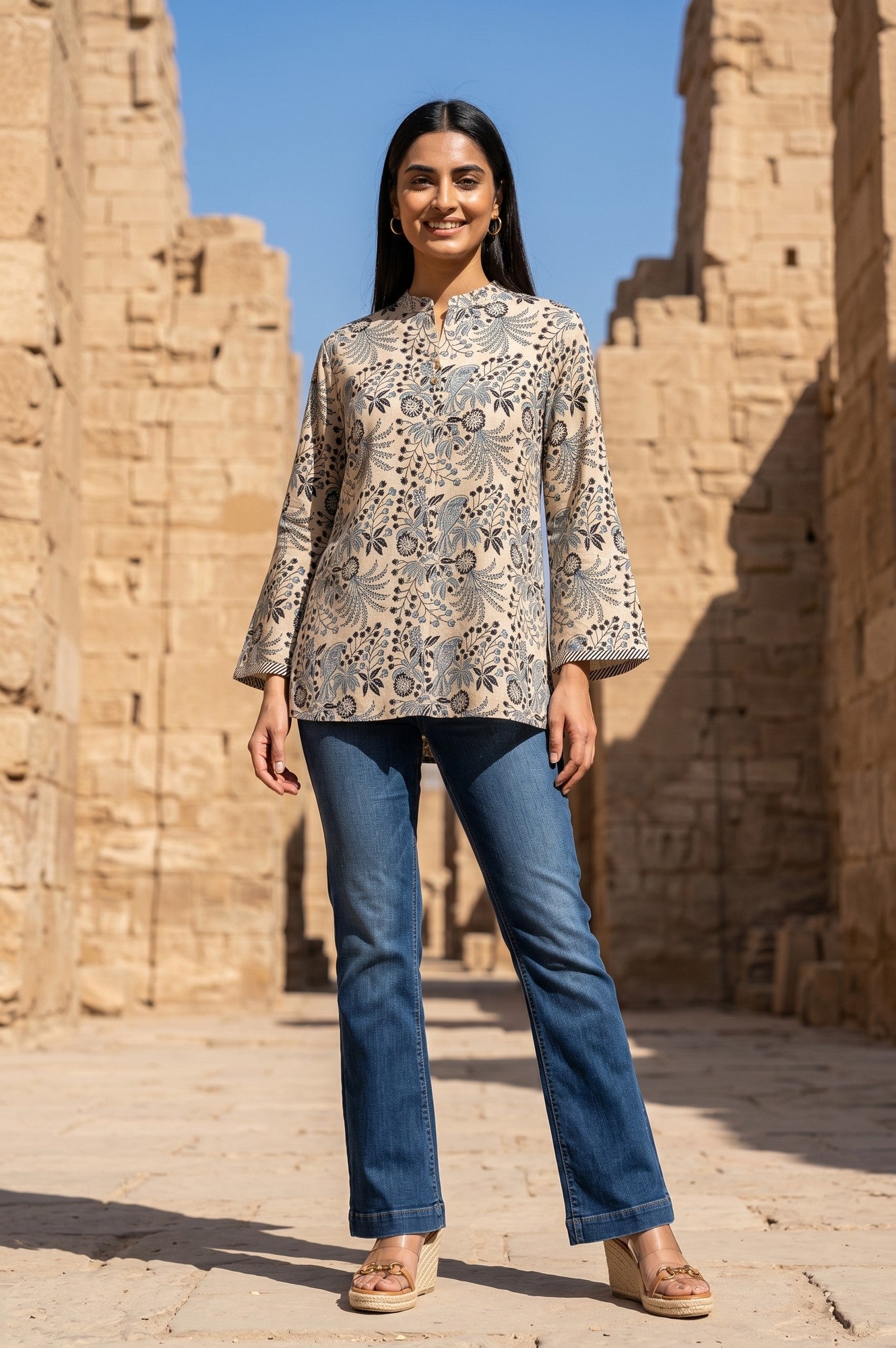 Beige Block Printed Rayon Flared Top