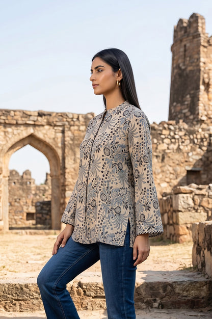 Beige Block Printed Rayon Flared Top