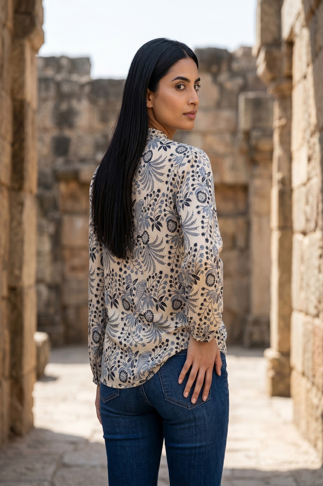 Beige Block Printed Rayon Flared Top