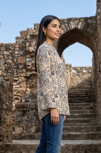 Beige Block Printed Rayon Flared Top
