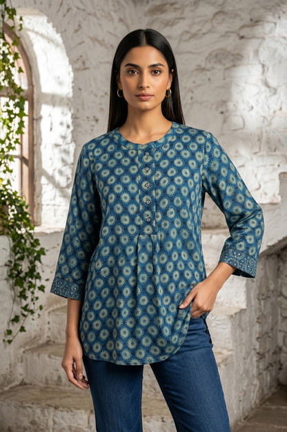 Blue Ajrak Printed Modal Satin A-line Top