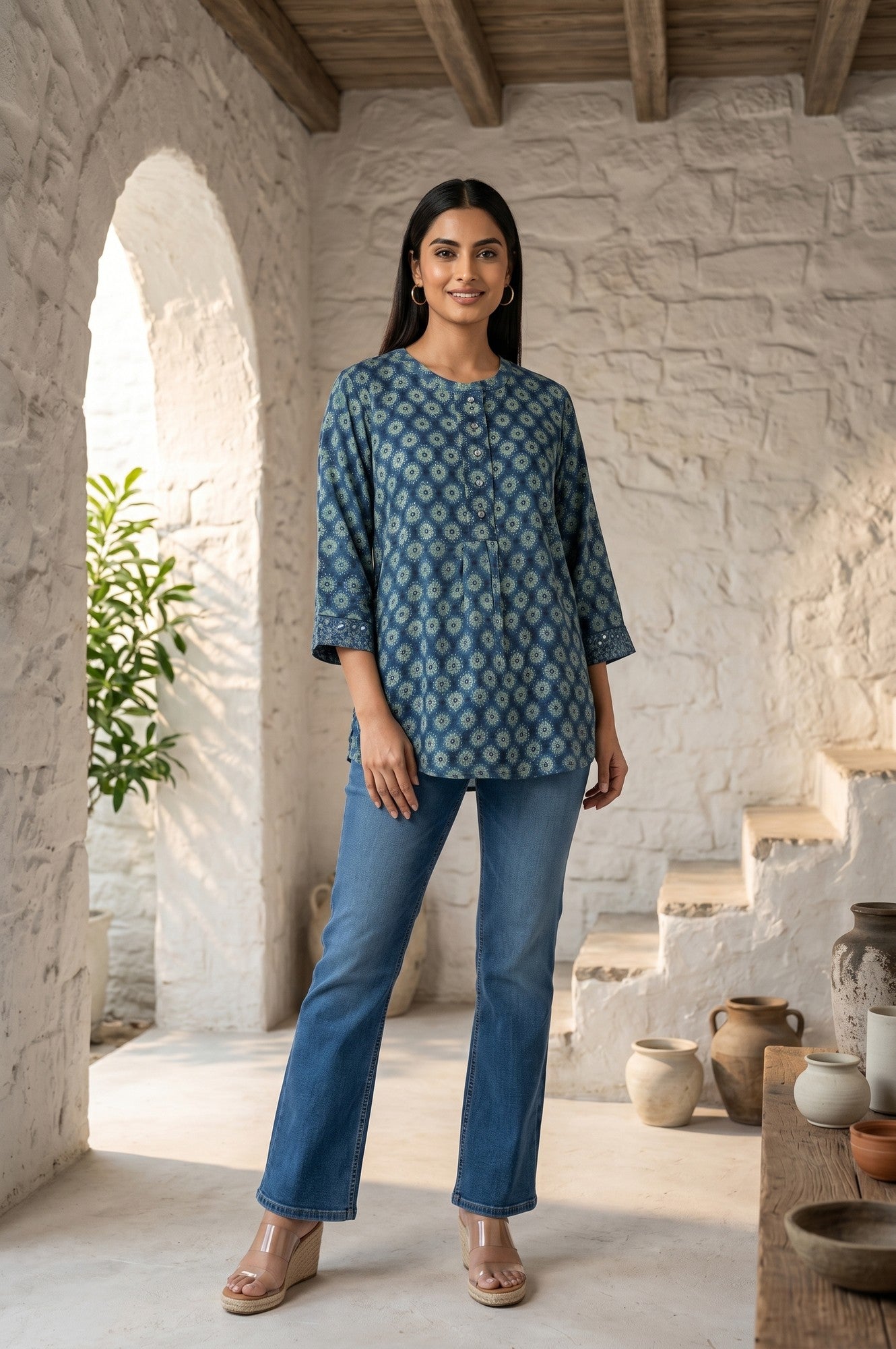 Blue Ajrak Printed Modal Satin A-line Top