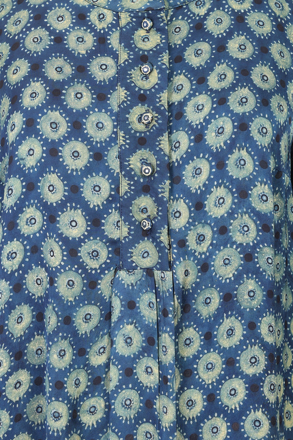 Blue Ajrak Printed Modal Satin A-line Top